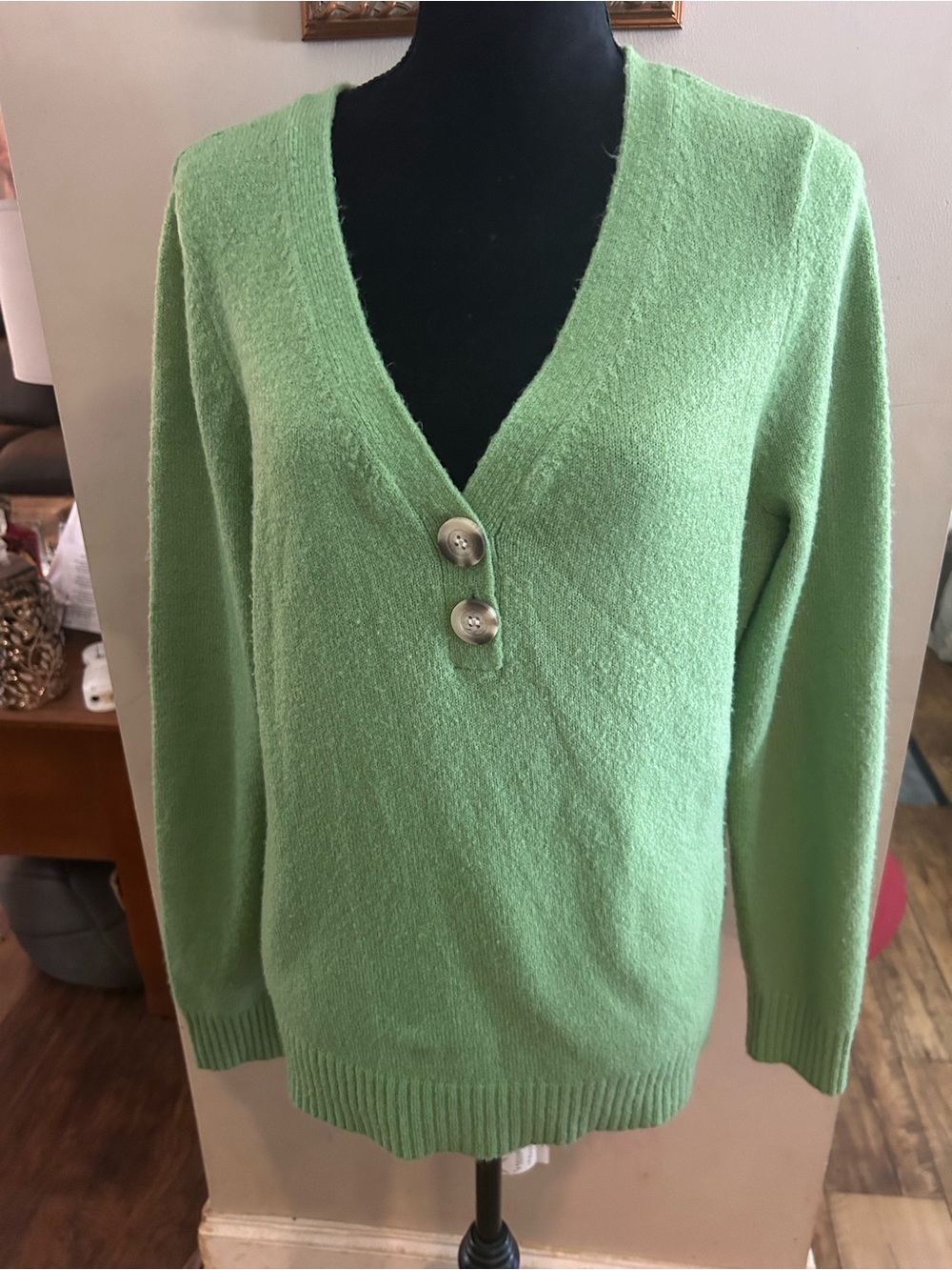 Bass Women's Light Green V-Neck Button Sweater